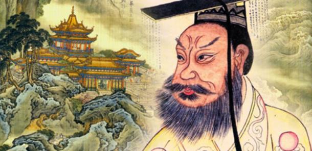 Penglai, depiction of one of the mythical islands (Public Domain), and Qin Shi Huang in a 19th century portrait (Public Domain);Deriv.