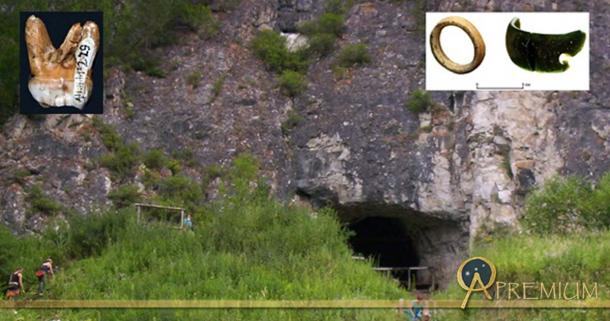 The Denisova Cave in the Altai Krai region of southern Siberia. Here over the last decade archaeologists have uncovered anatomical evidence of a previously unknown hominin today known as the Denisovans. Inset, left, one of the two huge Denisovan molars found in the cave's layer 11 and, right, one of the pierced ostrich eggshell beads along with the fragment of choritolite bracelet found in the same layer of archaeological activity (Wiki Commons Agreement, 2018).