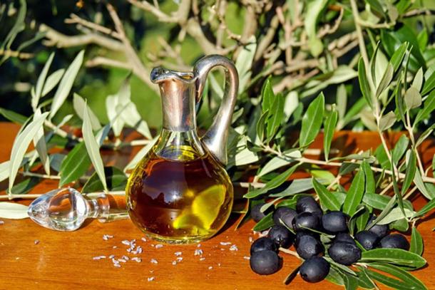 Modern glass carafe of olive oil.