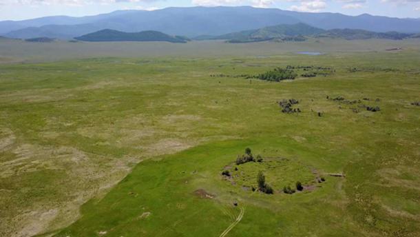 Aerial view of the burial mound Tunnug 1 (Arzhan 0). A distinct circle can be seen on one plane.