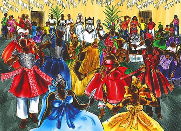 Painting of Orixas dancing.