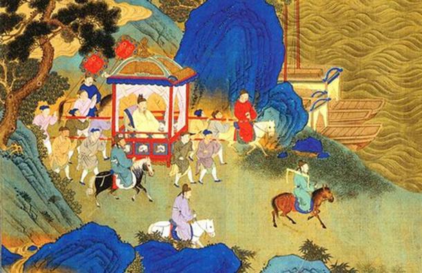 Detail of Qin Shi Huang's imperial tour across his empire. Depiction in an 18th century album.