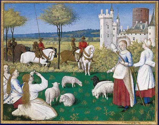 Saint Margaret and Olybrius. Margaret herds sheep when Olybrius arrives by Fouquet 15th Century.