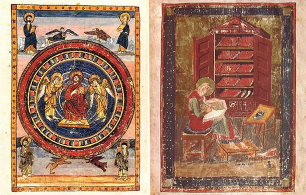 Maiestas Domini page from Codex Amiatinus (fol. 796v), Firenze, Biblioteca Medicea Laurenziana and folio 5r from the Codex Amiatinus (Florence, Biblioteca Medicea Laurenziana, MS Amiatinus 1), Ezra the scribe.