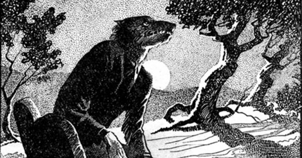 Drawing of a werewolf in woodland at night. Main illustration for the story "The Werewolf Howls". Internal illustration from the pulp magazine Weird Tales