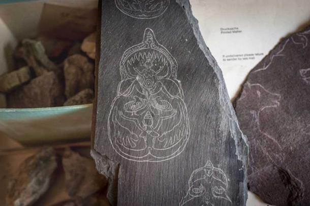 Mellaart claimed to have found these engraved schists at Çatalhöyük. These sketches were also found in Mellaart's apartment.