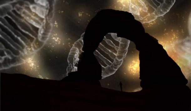 Silhouette of a person under an arch. (CC0) Background: DNA.