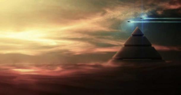 An artist’s representation of a pyramid with UFOs.