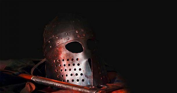 Recreated Viking helmet and weapon