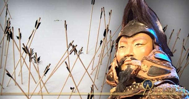 Exhibit featuring Mongolian arrows, and Mongolian soldier model