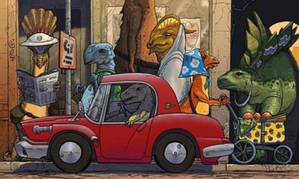 Comic illustration of previous industrial civilizations on Earth.