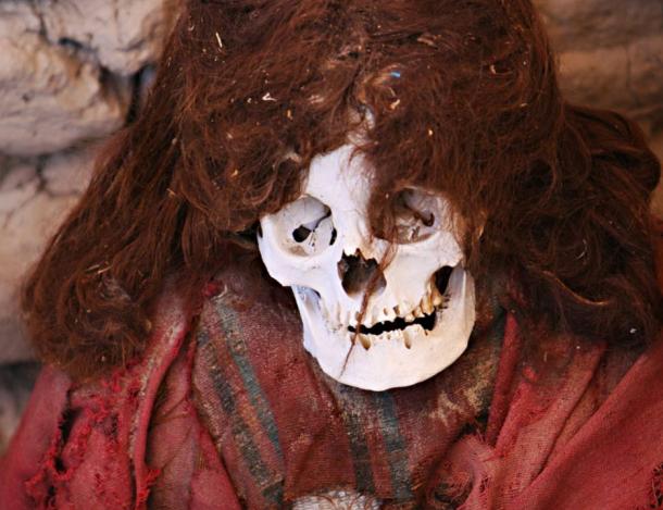 This pre-Incan mummy found in Chauchilla, an ancient cemetery in the desert of Nazca, Peru, is preserved by the dry desert air with hair intact.