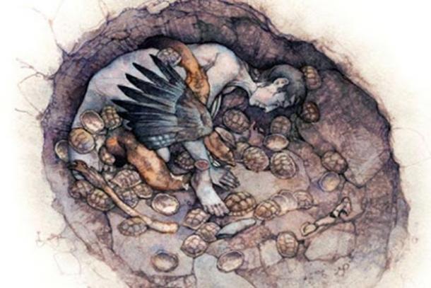 Una reconstrucción del entierro de la mujer chamán en la cueva Hilazon Tachtit