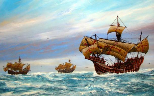 Painting depicting La Niña, La Pinta, and the Santa Maria. San Diego Maritime Museum.