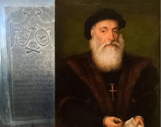 Engraved plaque near the explorer’s tomb in Kochi, India and portrait of Vasco da Gama.