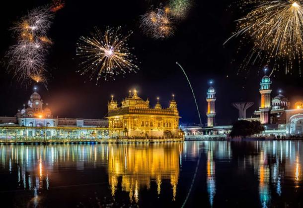 Composite image of fireworks over the Golden Temple, Amritsar, India.