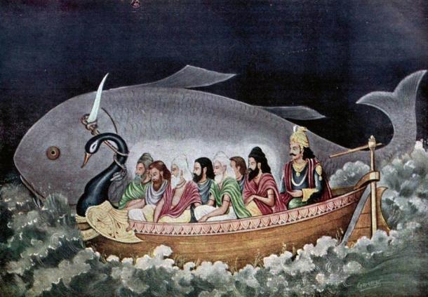 There are similarities between the Hindu flood legend of Manu and the Biblical account of Noah. Here the fish avatara of Vishnu saves Manu during the great deluge.