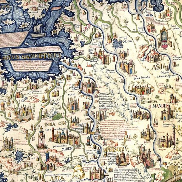 Este detalle de de Fra Mauro mapa mundial de la década de 1450 muestra la ciudad de Ayutthaya en su centro. 
