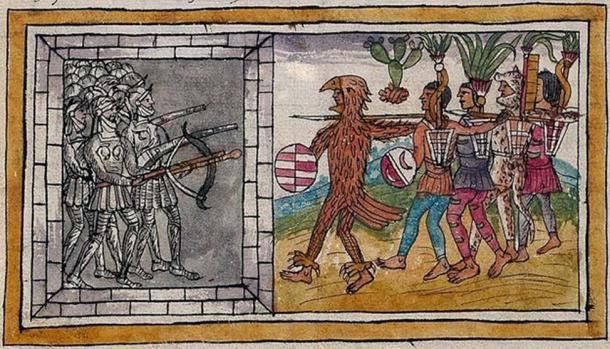 An illustration from Historia de las Indias de Nueva España e islas de la tierra firme (1579) by Diego Durán showing Aztecs and Spanish conquistadors fighting.