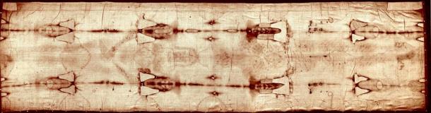 The full length of the Shroud of Turin. Scientists and scholars cannot resolve the mystery of the shroud.