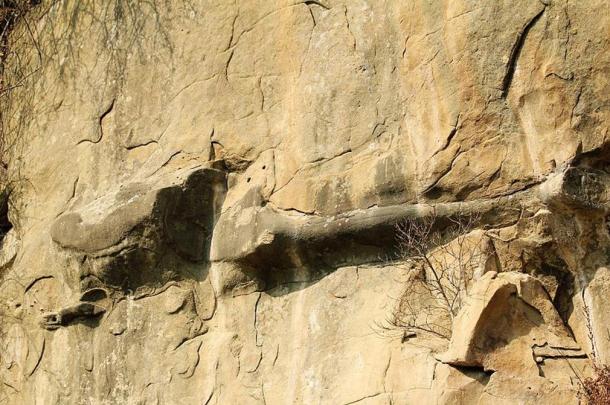 A sculpture of a giant’s leg in Corbii din Piatra, Romania.