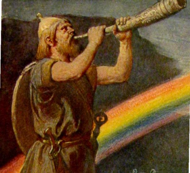 The god Heimdallr stands before the rainbow bridge while blowing a horn.