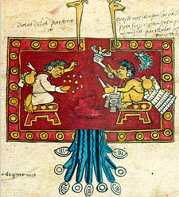 The gods Oxomoco and Cipactonal throw lots with grains of corn, Codex Borbonicus