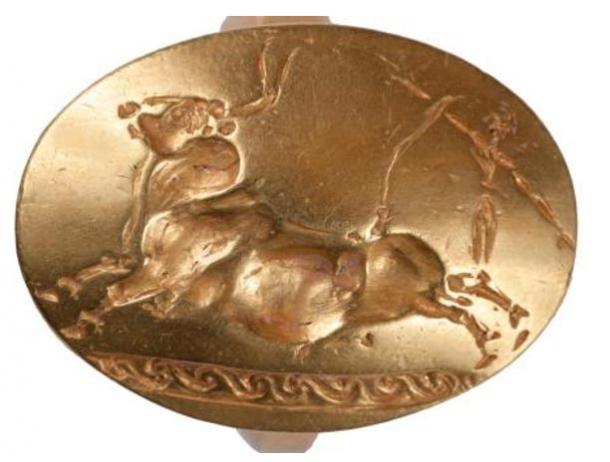 One of the four gold rings found in the tomb of the Griffin Warrior depicts a leaping bull.
