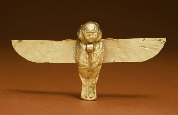 This golden Ba amulet from the Ptolemaic period would have been worn as an apotropaic device to ward off evil or bring good luck.