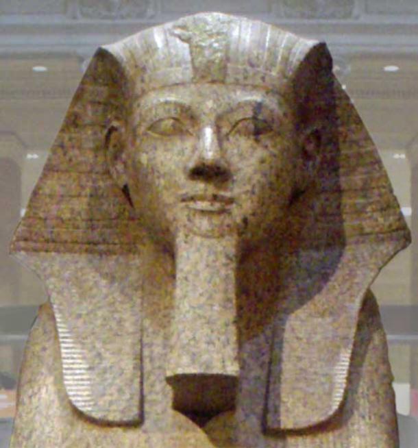 A large granite sphinx bearing the likeness of the female Pharaoh Hatshepsut. Dating to the joint reign of Hatshepsut and Thutmose III, circa 1479-1458 BC.