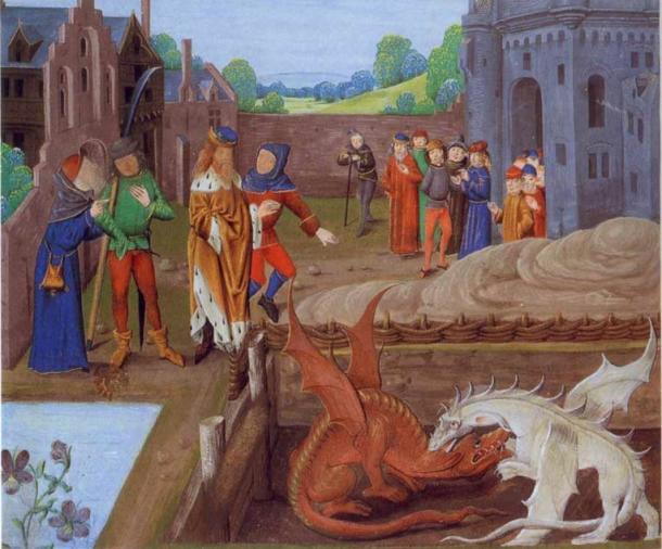 La iluminación de un manuscrito del siglo 15 de Historia Regum Britanniae mostrando rey de los británico Vortigern y Ambros waching la lucha entre dos dragones