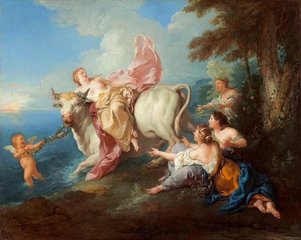 Painting depciting the legend of Europa and the White Bull, Zeus. The sorceress ‘Thrace’ was said to be daughter of Oceanus and sister to Europa.