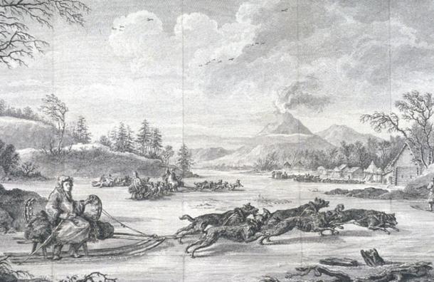 A man rides a dogsled while the team pulls. A volcano, thought to be Tolbachik (Kamchatka), erupts in the background. 1790.