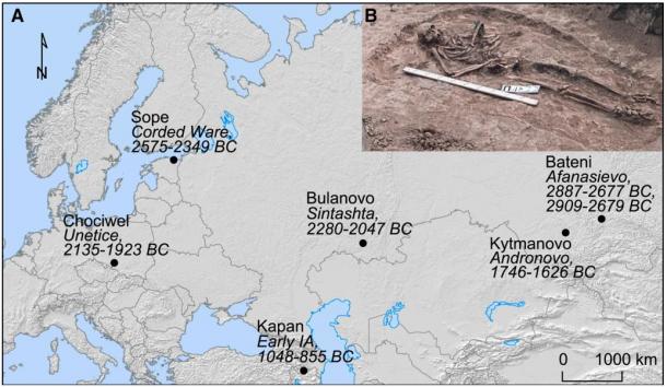 This map of Eurasia shows where and in which cultures the plague bacteria were found and dated; the inset show a burial from the Bulanovo site.