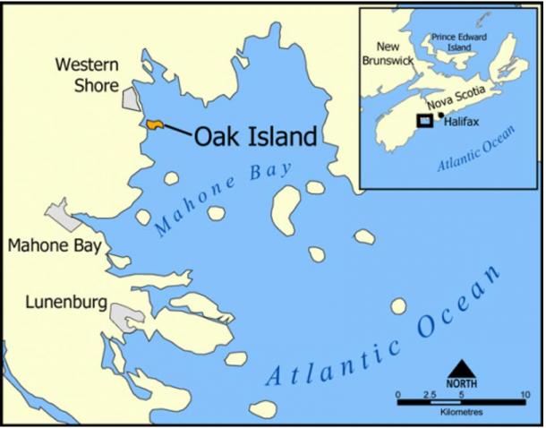 A map showing Oak Island, Nova Scotia, Canada.