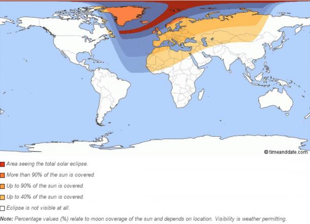 Mapa mostrando as regiões onde o eclipse é visível
