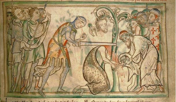 The martyrdom of St Alban, from a 13th-century manuscript, now in the Trinity College Library, Dublin