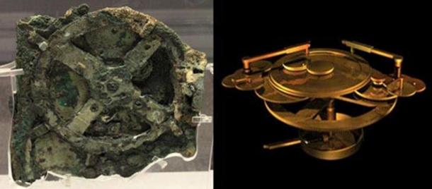 Left: The original Antikythera mechanism. Right: A reconstruction of the mechanism.