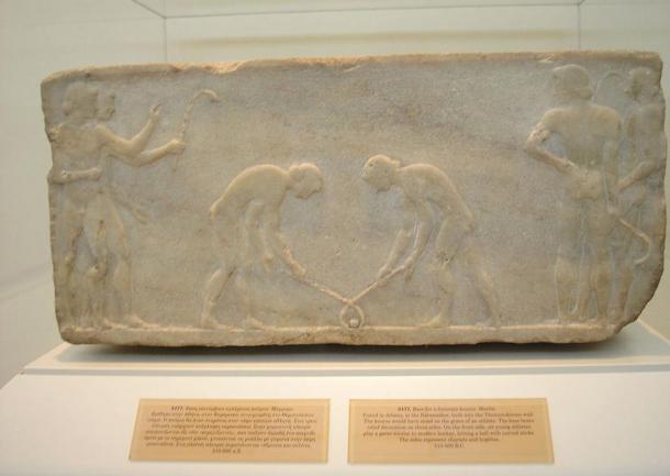 Bas relief approx. 600 BC, Kerameikos, Athens, shows men with hooked clubs or sticks playing with a ball. These ancient ball-and-stick games morphed into field hockey, ice hockey, and golf.
