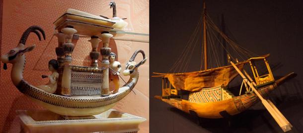 Dos ejemplos de maquetas de barcos de la tumba de Tutankamón, de una exposición en París en 2012 y en Berlín en 2013