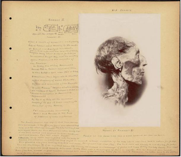 Imagen de la momia de Ramsés II y notas sobre el escondite de la momia, y Abd al-Rassul.  Apasionados por William Vaughn Tupper durante su viaje por el Nilo, alrededor de 1890.