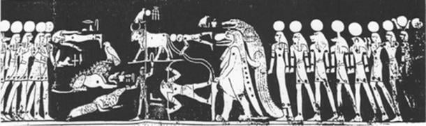 In this mural, Orion is below the bull tryign to suppor him, but he is on unstable footing as he is standing on the Destroyer’s switch. There is an alligator, lion, hawk and a figure lying face down in front of the small boy. 