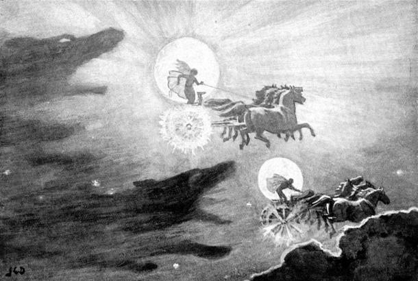 Ilustração dos skywolves nórdicos míticos perseguindo o sol ea lua.  "Os lobos que perseguem Sol e Mani '(1909)
