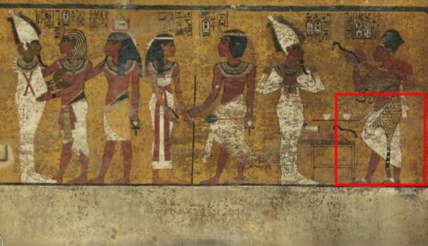 Scans of the north wall of King Tutankhamun's burial chamber have revealed features beneath the intricately decorated plaster (highlighted) a researcher believes may be a hidden door, possibly to the burial chamber of Nefertiti. Credit: Factum Arte.