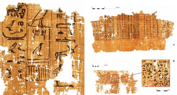 Left: Part of a papyrus inscribed with an account dating to the reign of Khufu (13th cattle count). (G. Pollin) Right: Account on a papyrus (A) and a detail of one page of inspector Merer's “diary” (B), mentioning the “Horizon of Khufu.” (G. Pollin)