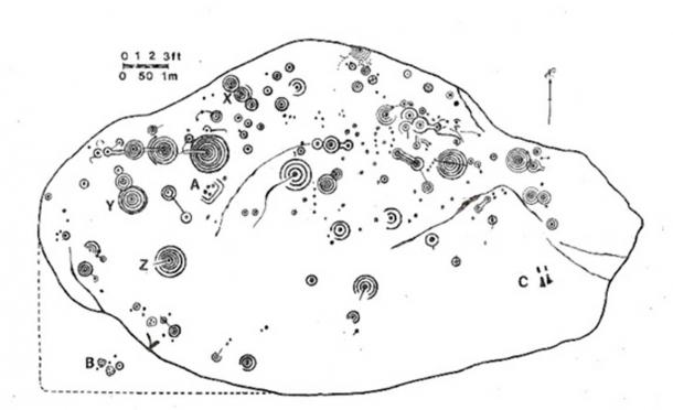 Map of the petroglyphs on the Cochno Stone. 