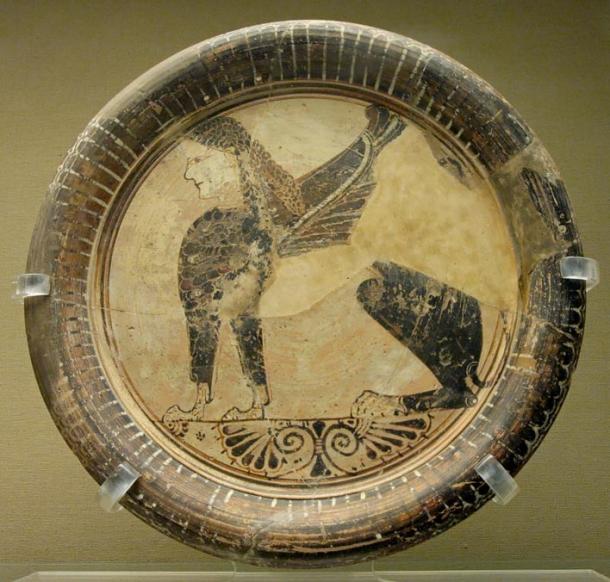 A plate depicting a seated sphinx, 6th century BC, found in Naukratis