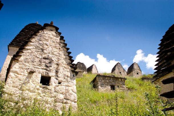 Close-up image of building, ruins of settlement, Dargavs, Russia