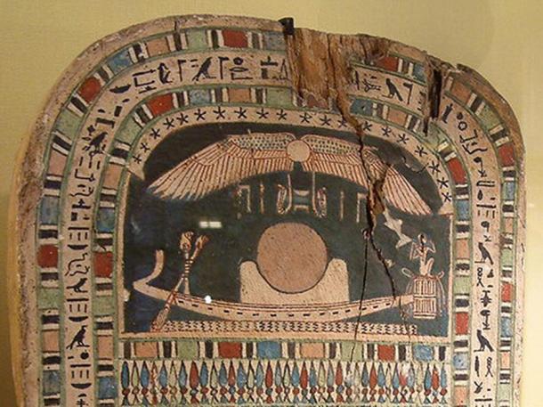 A solar barge on an Ancient Egyptian painted wooden stele of the 26th dynasty of Egypt.