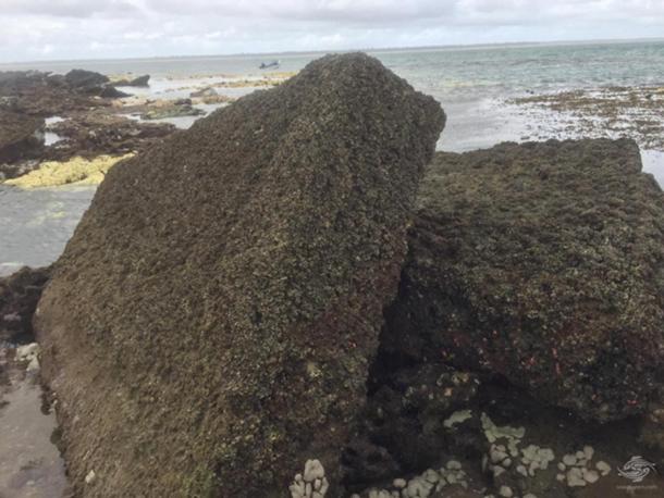 Photographs of some of the square and rectangular blocks that were found off Mafia Island in Tanzania.